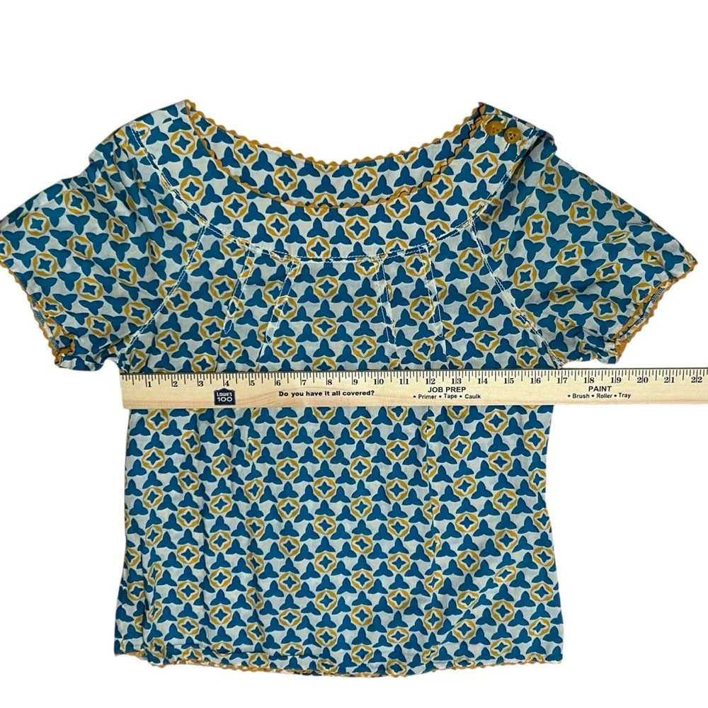 Tory Burch Ruffle Cotton Blouse Shirt Yellow Blue Size 8 Women’s Short Sleeve